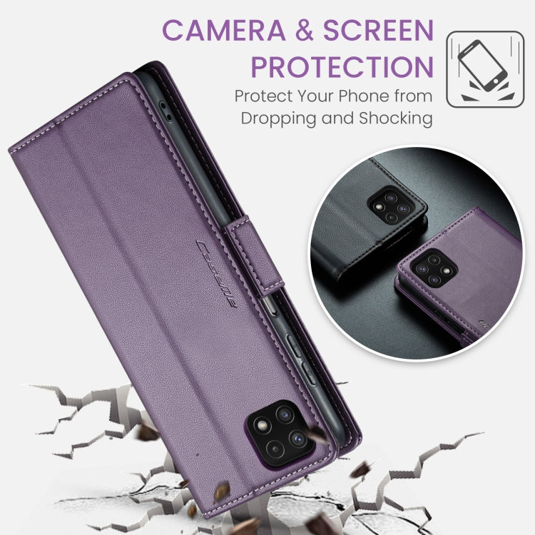 For Samsung Galaxy A22 5G CaseMe 023 Butterfly Buckle Litchi Texture RFID Anti-theft Leather Phone Case(Pearly Purple)