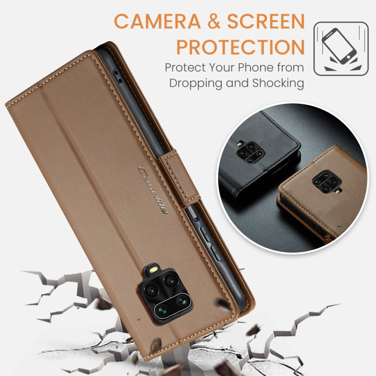 For Xiaomi Redmi Note 9S/Note 9 Pro/Note 9 Pro Max CaseMe 023 Butterfly Buckle Litchi Texture RFID Anti-theft Leather Phone Case(Brown)