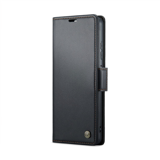 Pour Xiaomi Redmi Note 13 5G, étui portefeuille en cuir texturé litchi avec boucle papillon et protection RFID de la marque CaseMe 023 (noir)