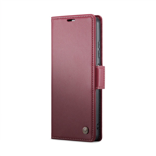 Pour Xiaomi Redmi Note 13 5G Étui Caseme 023 Boucle Papillon Texture Litchi RFID Antivol en Cuir (Rouge Vin)