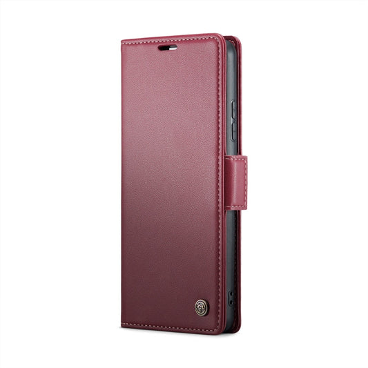 Pour Xiaomi Redmi Note 13 4G Étui papillon CaseMe 023 avec texture litchi et protection RFID antivol en cuir (Rouge Vin)