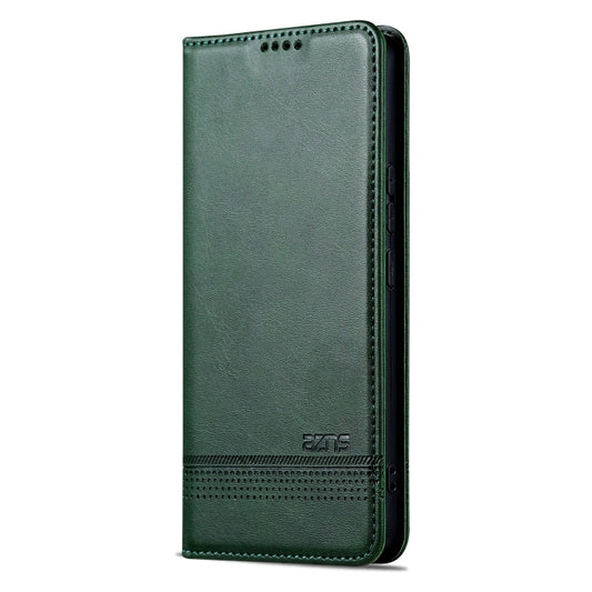Pour Xiaomi Redmi Note 13 4G Étui de téléphone en cuir rabattable à texture de veau magnétique AZNS (Vert foncé)