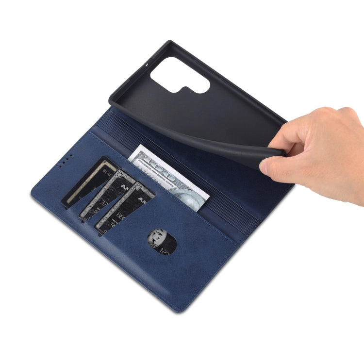 Pour Samsung Galaxy S24 Ultra 5G AZNS Étui de Téléphone en Cuir Rabat Texture Veau Magnétique (Bleu Foncé)