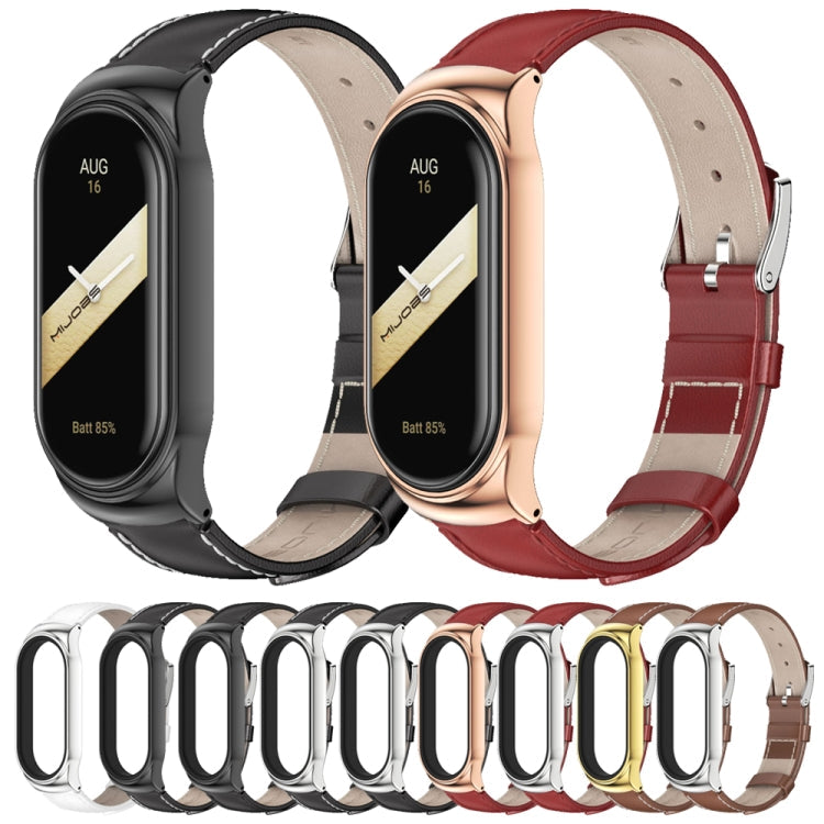 For Xiaomi Mi Band 8 / 9 Mijobs CS Case Genuine Leather Top Layer Cowhide Watch Band(Brown Silver)