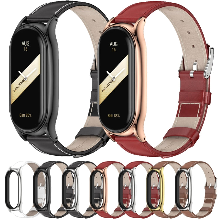 For Xiaomi Mi Band 8 Mijobs Plus Case Genuine Leather Watch Band(Red Silver)
