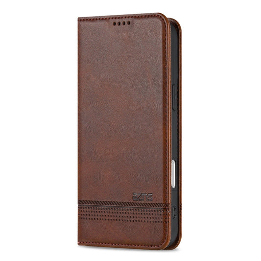 For iPhone 16 AZNS Magnetic Calf Texture Flip Leather Phone Case(Dark Brown)
