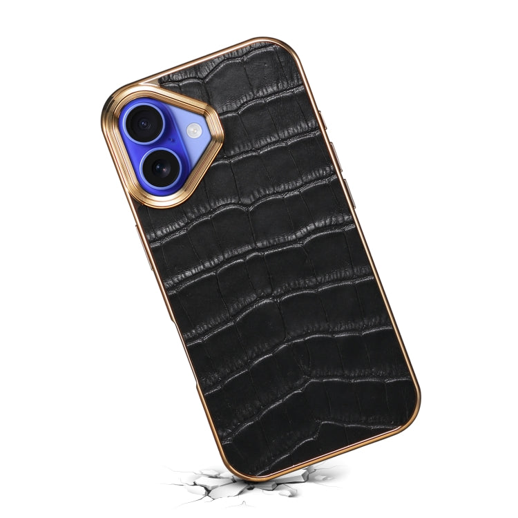 Pour iPhone 16 Plus Étui de téléphone en cuir véritable avec texture crocodile Denior et galvanoplastie (noir)