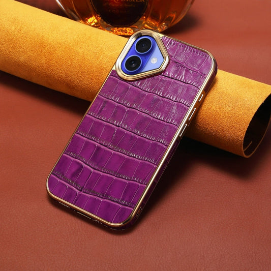Pour iPhone 16 Coque de Téléphone en Cuir Véritable avec Texture Crocodile et Galvanoplastie (Violet)