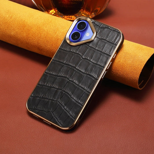 Pour iPhone 16 Coque de téléphone en cuir véritable texturé crocodile Denior avec galvanoplastie (Noir)