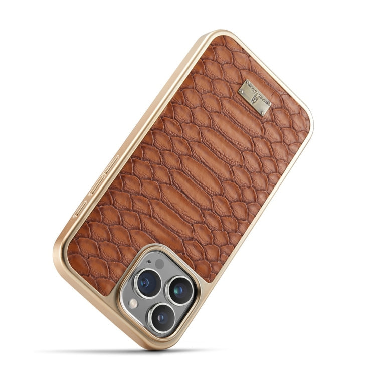 For iPhone 16 Pro Fierre Shann Python Texture Electroplating PU Phone Case(Brown)