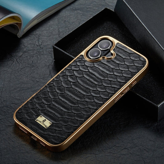 For iPhone 16 Fierre Shann Python Texture Electroplating PU Phone Case(Black)