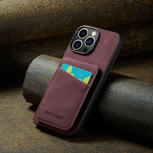 For iPhone 16 Pro Max Fierre Shann Crazy Horse Card Holder Back Cover PU Phone Case(Wine Red)