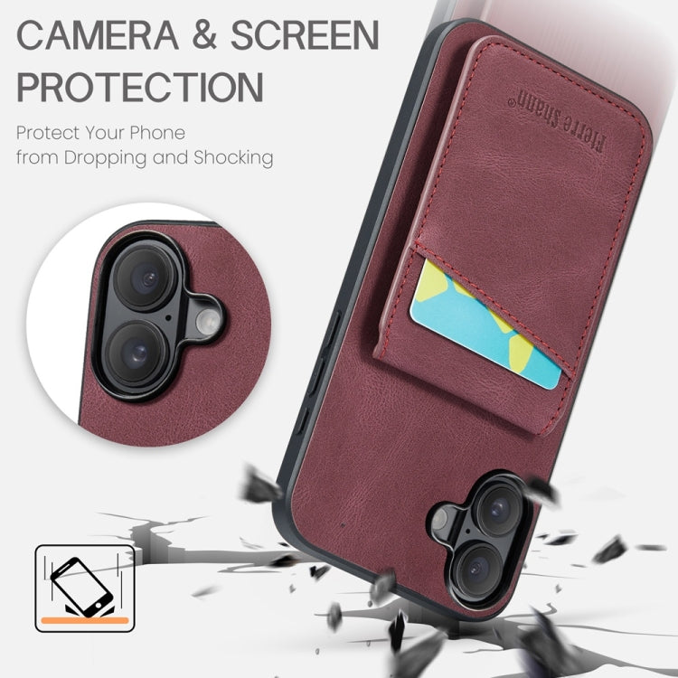 For iPhone 16 Fierre Shann Crazy Horse Card Holder Back Cover PU Phone Case(Wine Red)