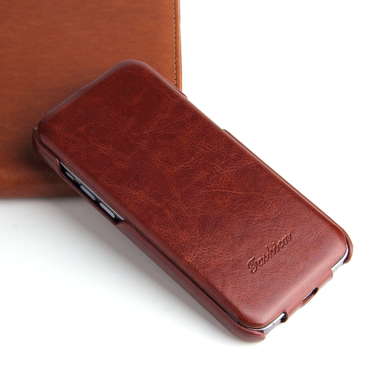 For iPhone 15 Plus Fierre Shann Oil Wax Texture Vertical Flip PU Phone Case(Brown)