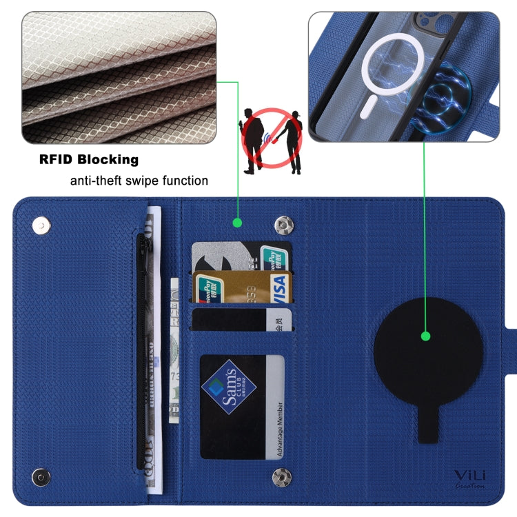 Pour iPhone 13 ViLi GHB Series Coque de Téléphone en Cuir Zippée Magnétique MagSafe (Bleu)