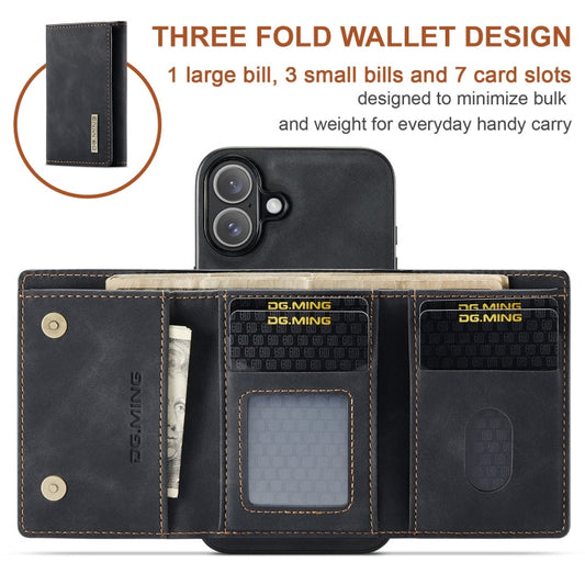 Pour iPhone 16 DG.MING M1 Series Housse de téléphone en cuir avec portefeuille multi-cartes 3 volets (Noir)