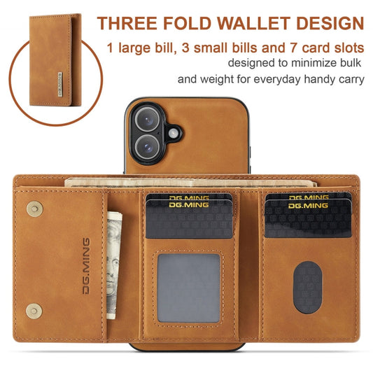 Pour iPhone 16 DG.MING Série M1 Étui Portefeuille en Cuir avec 3 Volets et Multiples Fentes pour Cartes (Marron)