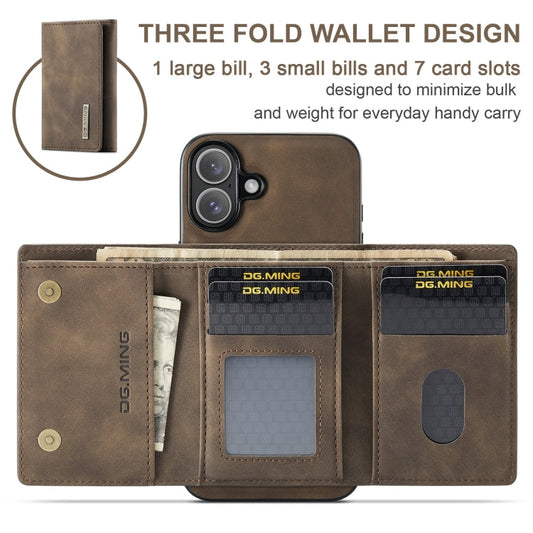Pour iPhone 16 DG.MING M1 Series Housse de téléphone en cuir avec portefeuille multifonction 3 volets (café)