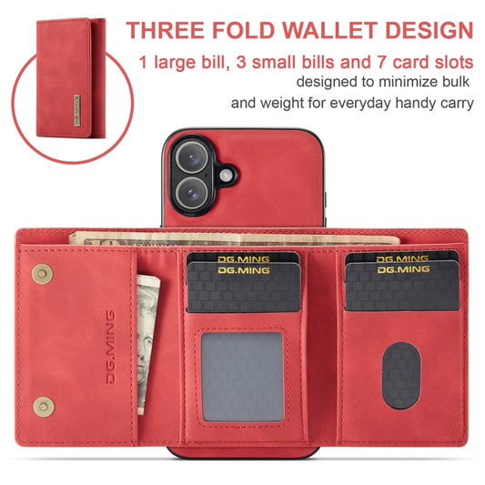 Pour iPhone 16 DG.MING Série M1 Étui Portefeuille en Cuir avec Rabat 3 Volets Multi-Cartes (Rouge)