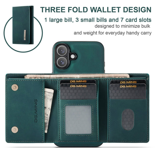 Pour iPhone 16 DG.MING M1 Series Housse de téléphone en cuir avec portefeuille multi-cartes 3 volets (vert)