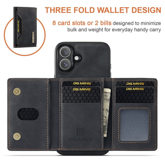 Pour iPhone 16 DG.MING Série M2 Étui de téléphone en cuir avec porte-cartes portefeuille 3 volets (Noir)