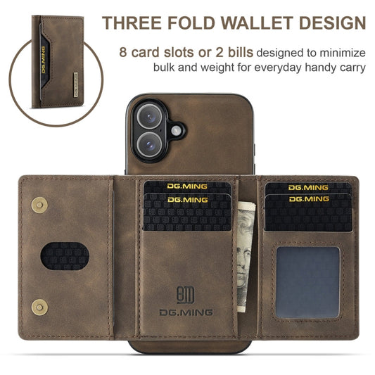 Pour iPhone 16 DG.MING Série M2 Étui de téléphone en cuir avec porte-cartes à 3 volets (Café)