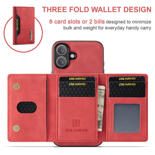 Pour iPhone 16 DG.MING Série M2 Étui de téléphone en cuir avec portefeuille à 3 volets et porte-cartes (rouge)