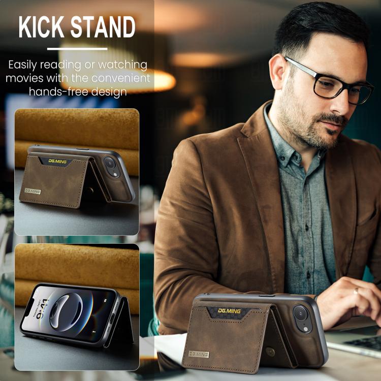 For iPhone 17e / 16e DG.MING M2 Series 3-Fold Card Bag Wallet Leather Phone Case(Coffee)