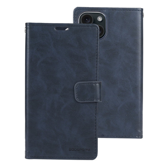 For iPhone 15 GOOSPERY BLUE MOON Crazy Horse Texture Leather Phone Case(Dark Blue)