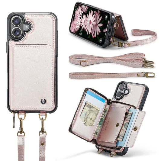 For iPhone 16 JEEHOOD C22 Series Zipper Wallet Leather Phone Case with Dual Lanyard(Rose Gold)