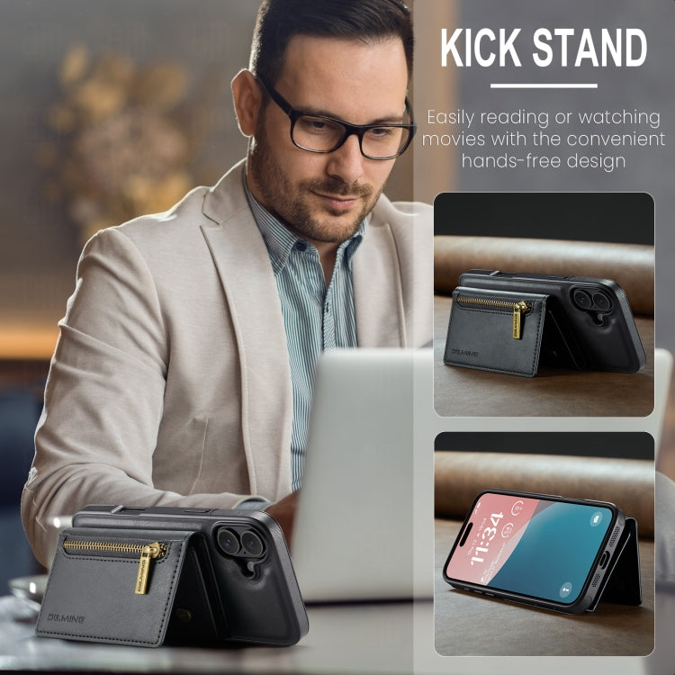 Pour iPhone 16 DG.MING M5 Series Étui de Téléphone en Cuir Détachable Anti-RFID Multi-Cartes avec Fermeture Éclair (Noir)