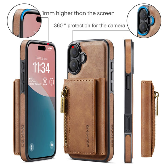 Pour iPhone 16 Étui en cuir détachable DG.MING M5 Series Zip RFID multi-cartes (marron)