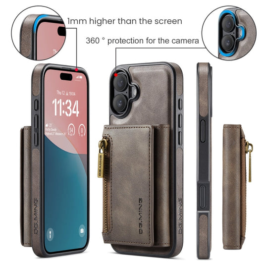 Pour iPhone 16 DG.MING M5 Series Étui de Téléphone en Cuir Détachable avec Fermeture Éclair et Protection RFID, Multi-Cartes (Café)