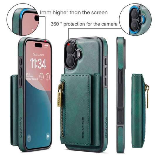 Pour iPhone 16 DG.MING M5 Series Étui portefeuille en cuir détachable avec fermeture éclair et protection RFID pour cartes (Vert)