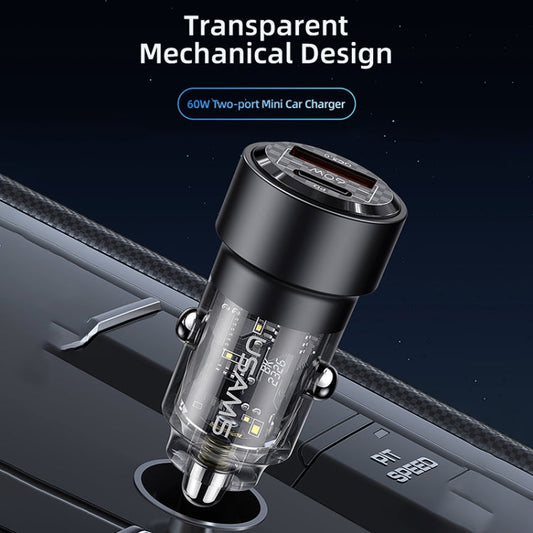 USAMS US-CC208 C39 60W USB + Type-C Dual Port Fast Charging Aluminum Alloy Transparent Car Charger(Black)