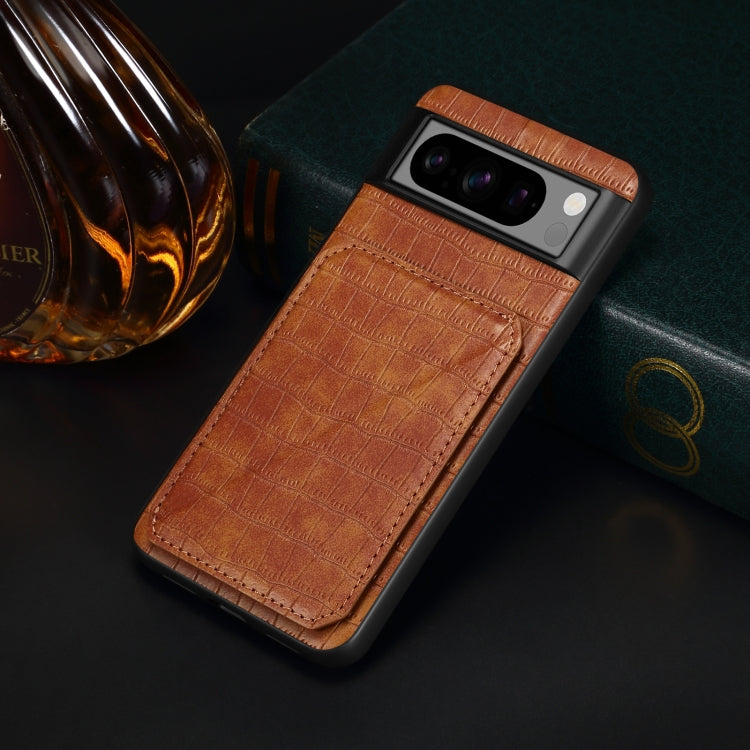 For Google Pixel 7 Pro Denior Crocodile Texture Holder Electroplating Phone Case(Brown)