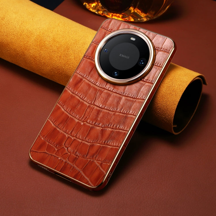 For Huawei Mate 60 Pro / Pro+ Denior Crocodile Texture Genuine Leather Electroplating Phone Case(Mocha Brown)