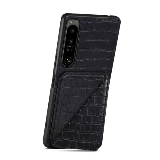 Pour coque de téléphone arrière en cuir imitation crocodile Denior avec support pour Sony Xperia 1 IV (noir)