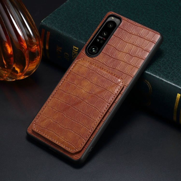 For Sony Xperia 10 V Denior Imitation Crocodile Leather Back Phone Case with Holder(Brown)