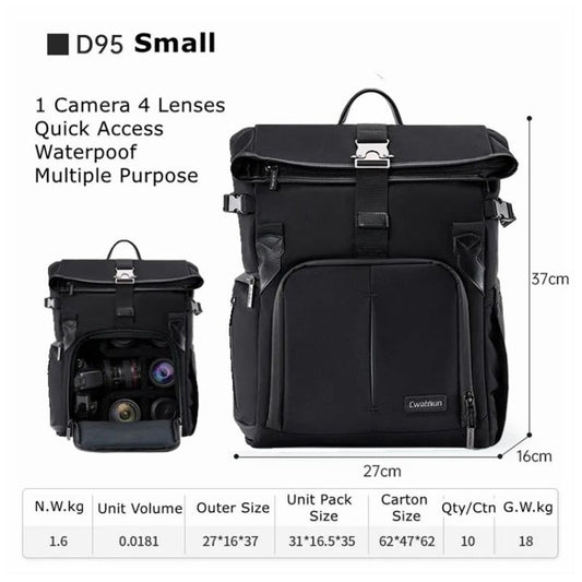 Cwatcun D95 Grand Sac à Dos Photo d'Épaule pour Ordinateur Portable et Appareil Photo, Dimensions : 27 x 37 x 16 cm (Noir Foncé)