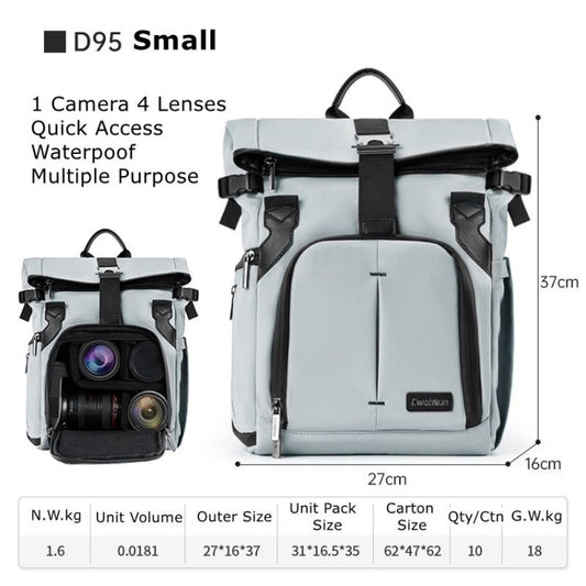 Sac à dos de photographie grande capacité Cwatcun D95 avec compartiment pour ordinateur portable et appareil photo, taille : 27 x 37 x 16 cm (gris argenté)