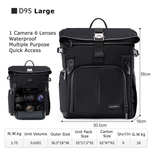 Sac à dos photo grande capacité Cwatcun D95, sacoche d'ordinateur portable et d'appareil photo, taille : 30,5 x 18 x 38 cm (noir foncé)