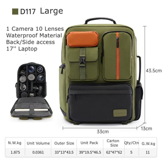 Sac à dos photo grande capacité Cwatcun D117 avec bretelles pour ordinateur portable et appareil photo, taille : 43,3 x 33 x 13 cm (vert armée)