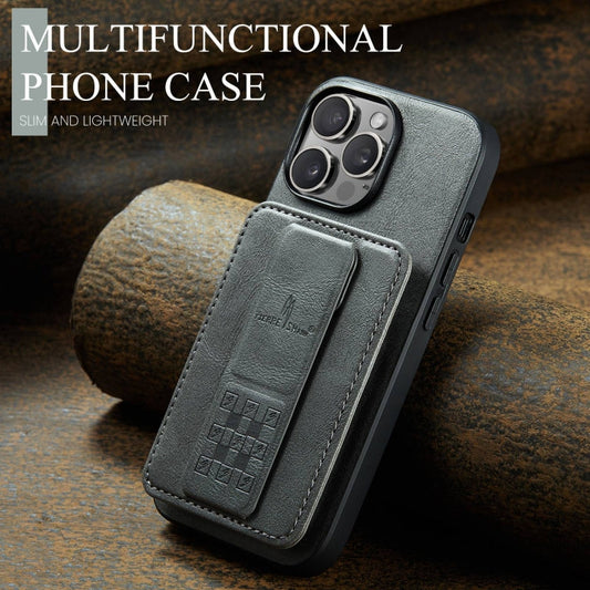 For iPhone 15 Pro Max Fierre Shann Oil Wax Cow Leather Card Holder Back Phone Case(Grey)