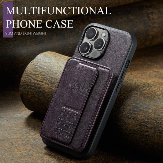 For iPhone 15 Pro Max Fierre Shann Oil Wax Cow Leather Card Holder Back Phone Case(Purple)