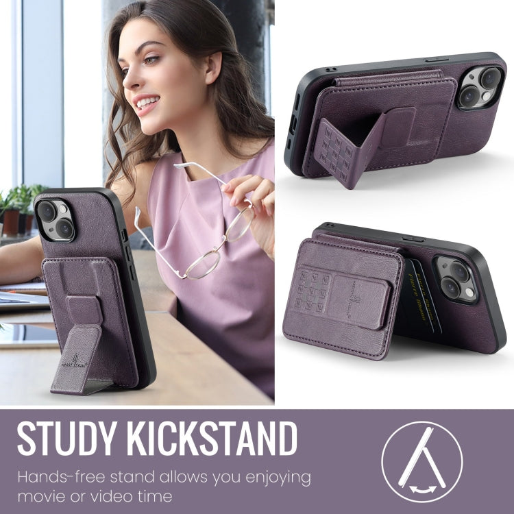 For iPhone 15 Fierre Shann Oil Wax Cow Leather Card Holder Back Phone Case(Purple)