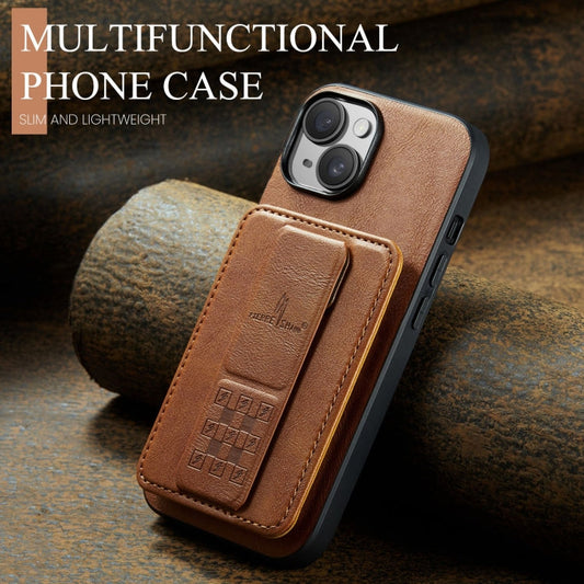 For iPhone 15 Fierre Shann Oil Wax Cow Leather Card Holder Back Phone Case(Brown)