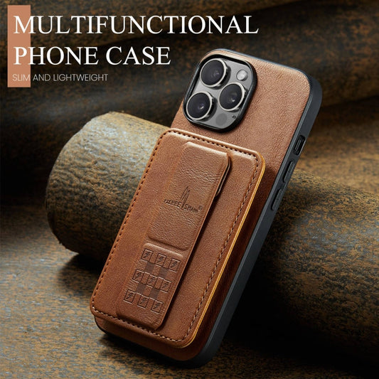 For iPhone 14 Pro Max Fierre Shann Oil Wax Cow Leather Card Holder Back Phone Case(Brown)