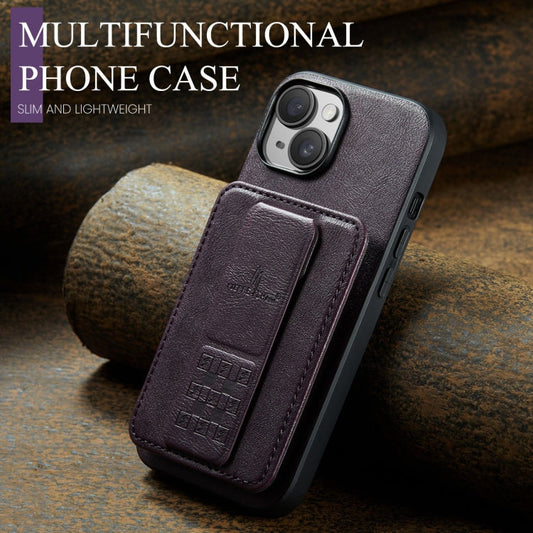 For iPhone 13 Fierre Shann Oil Wax Cow Leather Card Holder Back Phone Case(Purple)