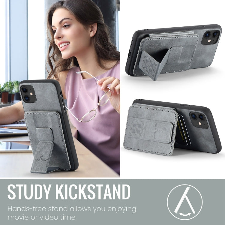 For iPhone 11 Fierre Shann Oil Wax Cow Leather Card Holder Back Phone Case(Grey)